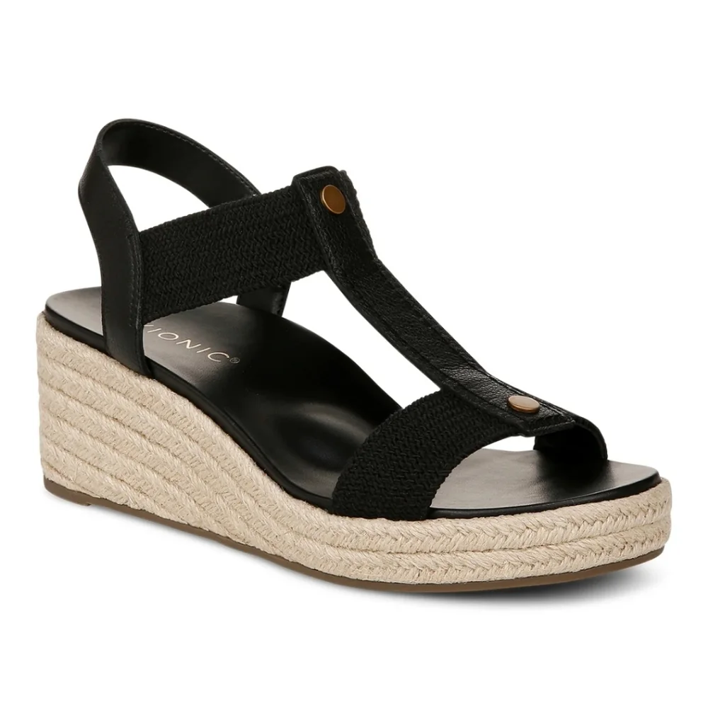Vionic Calera Wedge Sandal - Black with Espadrille Sole - Picture 3 of 6